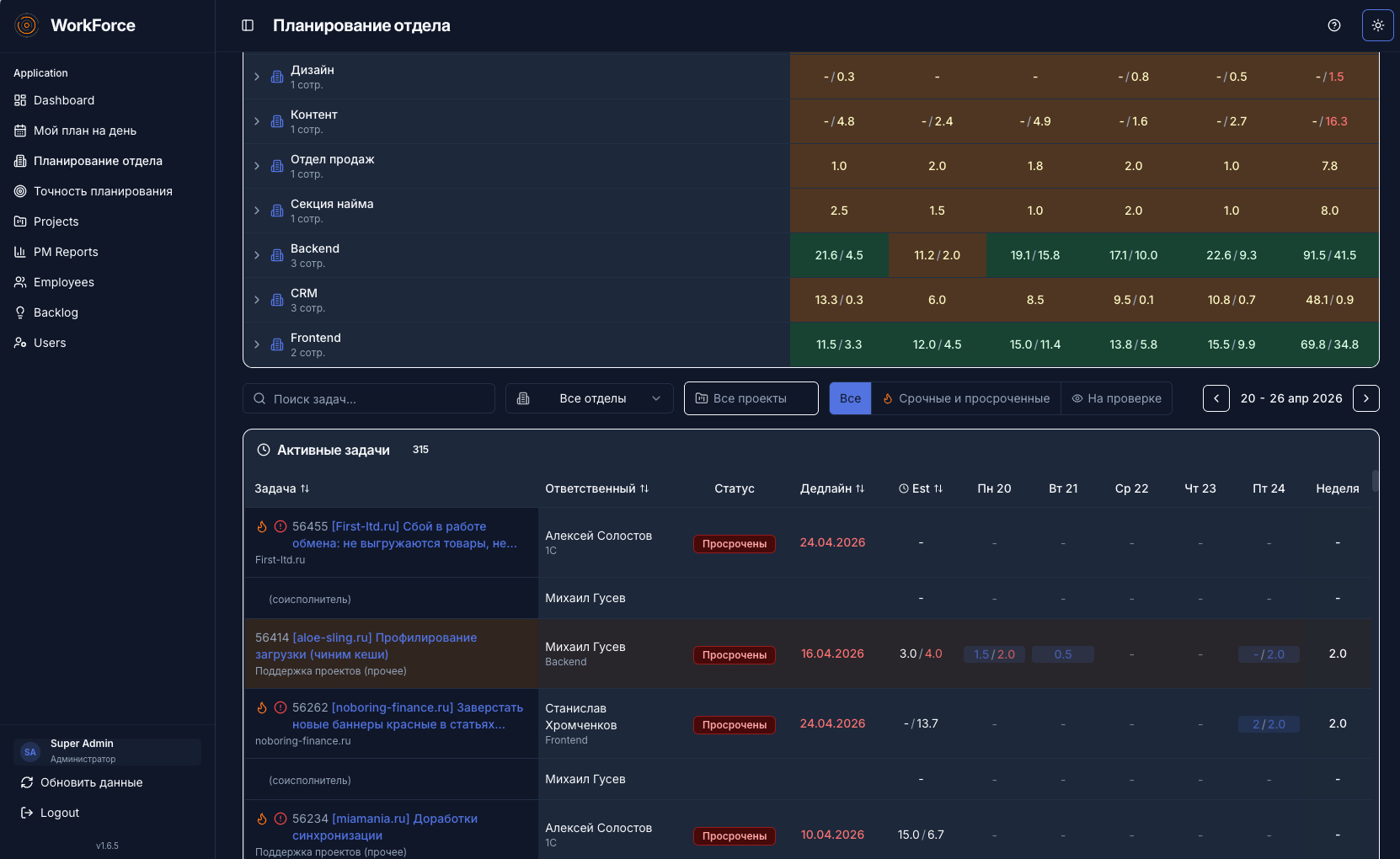 Планирование отдела в темной теме