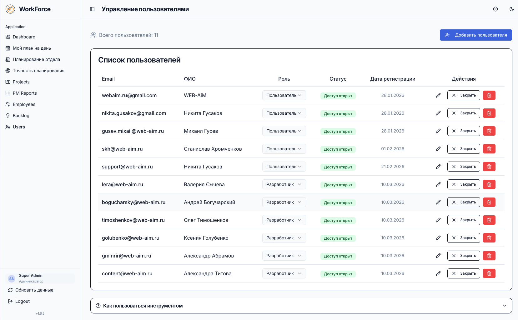 Управление пользователями и доступами
